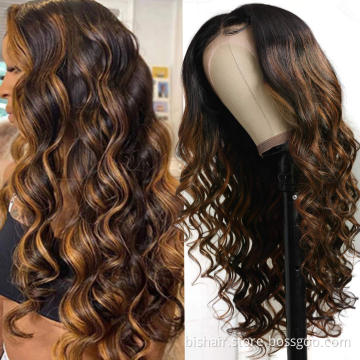 T-part lace front wig suitable for women Brazilian real hair gradient color brown body wavy front wig 18inch